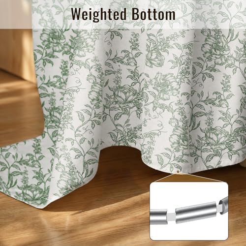 Farmhouse Sage Green Floral Shower Curtain with 12 Clear Rings 72" Wx84" L