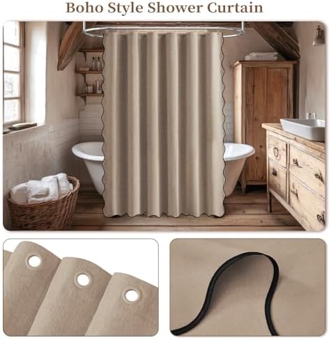 BTTN Tan Boho Scalloped Linen Textured Cloth Shower Curtain, 72x72, Taupe