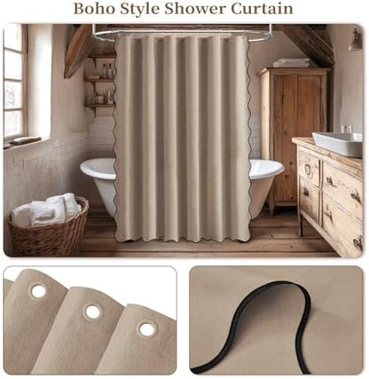 BTTN Tan Boho Scalloped Linen Textured Cloth Shower Curtain, 72x72, Taupe