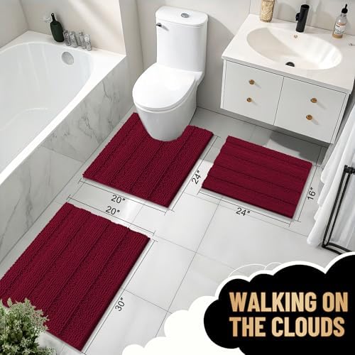 OLANLY Thick Toilet Rugs U-Shaped 24x20, Soft Chenille Bath Mat, Burgundy