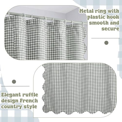 HunnmingRe Scalloped Gingham Shower Curtain Sage Green