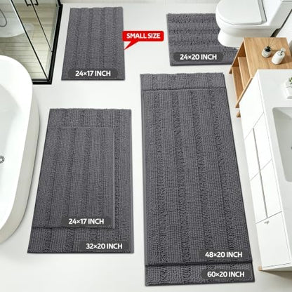 Striped Grey Toilet Bathroom Rug Mat Bath Mat Set 2 piece Ultra Soft, Non Slip Chenille Bath Rugs, Absorbent Plush Shaggy Bath Mats for Bathroom, Bedroom, Kitchen, Shower, Tub,Dark Gray, Charcoal