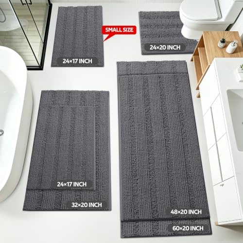 Striped Grey Bathroom Rug Mat Set 2 piece 24"x17"+48"x20" Ultra Soft, Non Slip Chenille Bath Rugs, Absorbent Plush Shaggy Bath Mats for Bathroom, Bedroom, Kitchen, Shower, Tub,Dark Gray, Charcoal