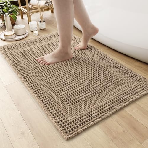 AMOAMI Waffle Bath Mat, Absorbent Bathroom Rugs Non Slip 17''x24'' Beige