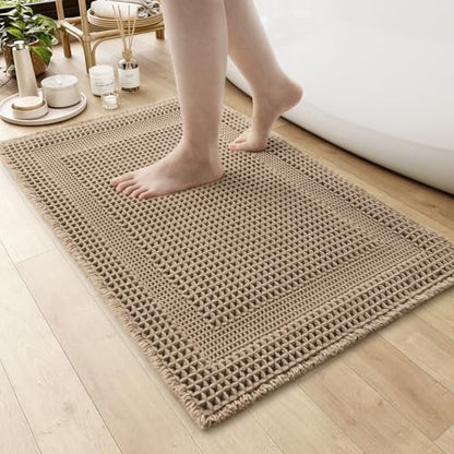 AMOAMI Waffle Bath Mat, Absorbent Bathroom Rugs Non Slip 24''x36'' Beige