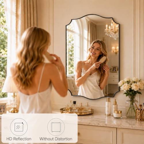 Black Vanity Wall Mirror 39"x29", Scalloped Edge Bathroom Mirror