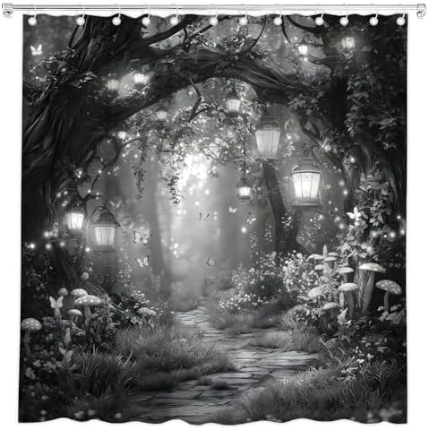 Fantasy Forest Path Shower Curtain Grey Fairy Magical Enchanted Misty Jungle Mushroom Floral Tree Butterfly Lantern Wonderland Bath Curtain Fabric Bathroom Accessories Decor with Hooks 90W x70L