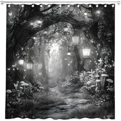 Fantasy Forest Path Shower Curtain Grey Fairy Magical Enchanted Misty Jungle Mushroom Floral Tree Butterfly Lantern Wonderland Bath Curtain Fabric Bathroom Accessories Decor with Hooks 75W x70L