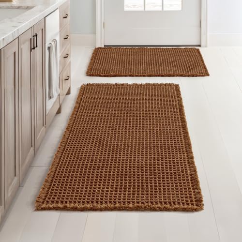 MIULEE Set of 2 Waffle Bathroom Rugs Boho Bath Mat Caramel 17"x24"+18"x30"