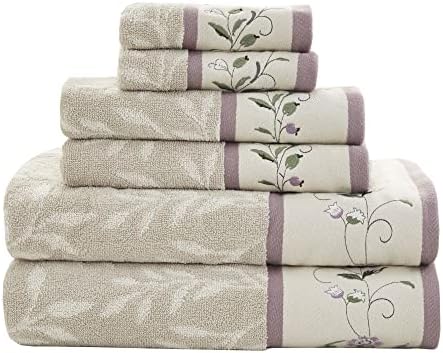 Madison Park Serene 100% Cotton Bath Towel Set Luxurious Floral Decorative Towels for Bathroom Embroidered Cotton Jacquard Design Soft Highly Absorbent for Shower 600 GSM, Multi-Sizes, Purple 6 Piece