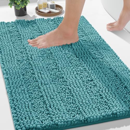 Yimobra Bathroom Rug Mat, Non Slip and Super Absorbent Bath Mat, Machine Washable Quick Dry, Ultra Plush Chenille Shower Rugs for Bathroom Floor Sink Tub and Shower Outside, Teal Blue, 24 x 17