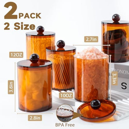 2 Pcs Acrylic Qtip Holder, Cotton Ball Holder Jars with Lids, Brown