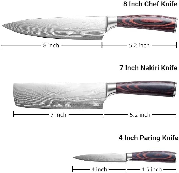 3 Pieces Knife Set, High Carbon Stainless Steel Professional Kitchen Knife Set, Ultra Sharp Chef Knives Sets with Ergonomic Wooden Handle