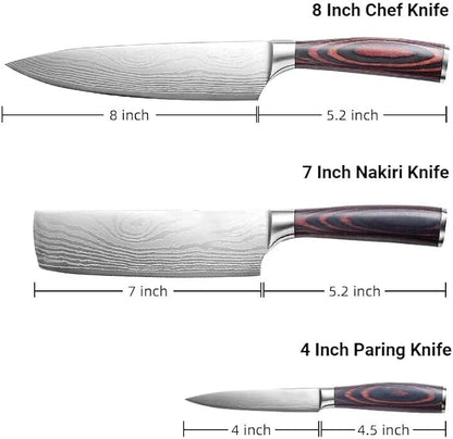 3 Pieces Knife Set, High Carbon Stainless Steel Professional Kitchen Knife Set, Ultra Sharp Chef Knives Sets with Ergonomic Wooden Handle