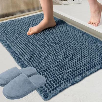 ZALL Blue Waffle Bath Mat,Super Absorbent Non Slip Bathroom Rug, 17x24inch, Machine Washable Ultra Soft Floor Mats