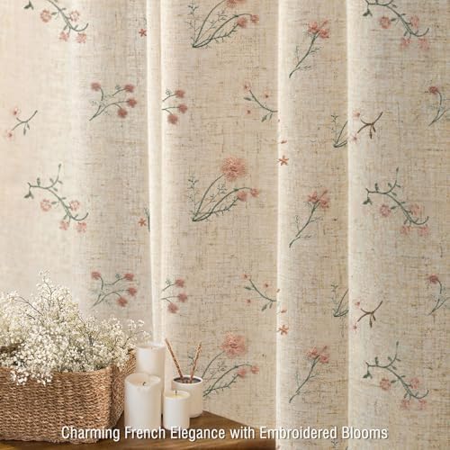 Floral Farmhouse Vintage Linen Shower Curtain Embroidered Textured 72Wx72H