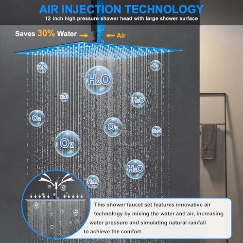 Shower Faucet Set, 12" Ceiling Mount Rainfall Shower System with 2 Rain Shower Head and Multi-function Handheld Head Push Button Diverter Shower Faucet Trim Kit (12", Oil Rubbed Bronze)