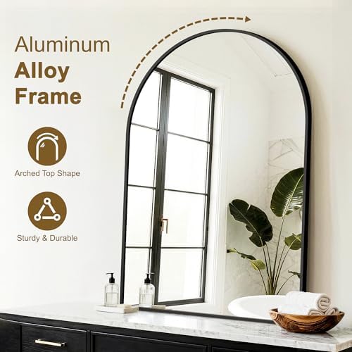 FGU Arched Bathroom Mirror for Over Sink 40"x28" Black Vanity Mirror