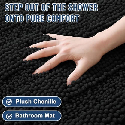 Grandaily Chenille Striped Bathroom Rugs 36x24, Extra Thick and Soft Absorbent Bath Mats, Rubber Backing, Plush Shaggy Shower Carpet, Machine Wash Dry, Bath Rug for Bathroom, Deep Black