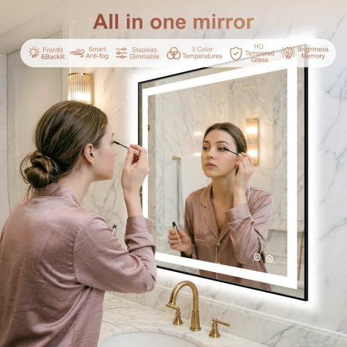 LED Bathroom Mirror with Lights, 30"x30" Black Framed Lighted Vanity Mirror