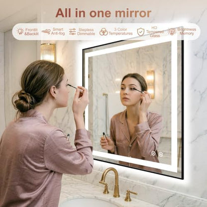 LED Bathroom Mirror with Lights, 30"x30" Black Framed Lighted Vanity Mirror