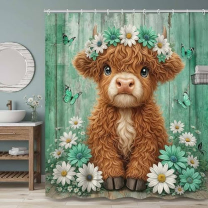 Cute Cow Shower Curtain, Farmhouse Rustic Green Floral Daisy Highland Cow Shower Curtains for Bathroom, Calf Country Farm Animal Garden Plant Fabric Bathroom Decor with Hooks, 54x72 inch