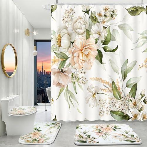 16 PCS Floral Bathroom Shower Curtain Set with Rugs 12 Metal Hooks,72 x 72"