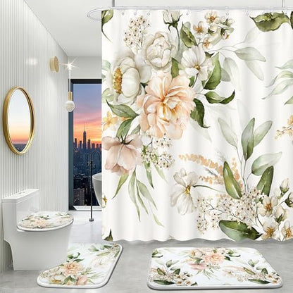 16 PCS Floral Bathroom Shower Curtain Set with Rugs 12 Metal Hooks,72 x 72"