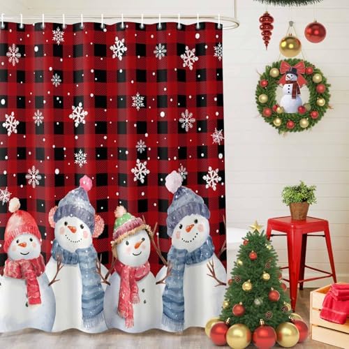 Christmas Snowman Shower Curtain Bathroom Set Red Black Buffalo Plaid Waterproof Shower Curtains with Grommets Hooks Xmas Snowflakes Privacy Bath Curtain for Bathtub Decor 72x78in