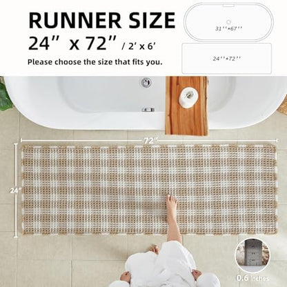 TYUU Waffle Runner Rug Bathroom, Long Boho Bath Mat, 72x24 Khaki & White