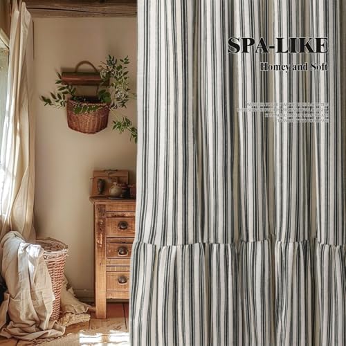 Farmhouse Shower Curtain Ruffle Linen Cream-Black Stripe 72"W x 96"L