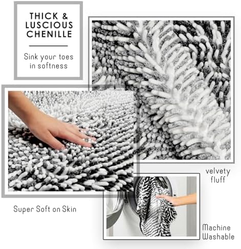 Hearth & Harbor Bathroom Rugs, Chenille Bath Mat - Machine Washable Bath Mats for Bathroom Non-Slip Backing Rubber, Quick Dry Bathroom Mat, 17 x 24 + 20 x 24 - Ombre Black