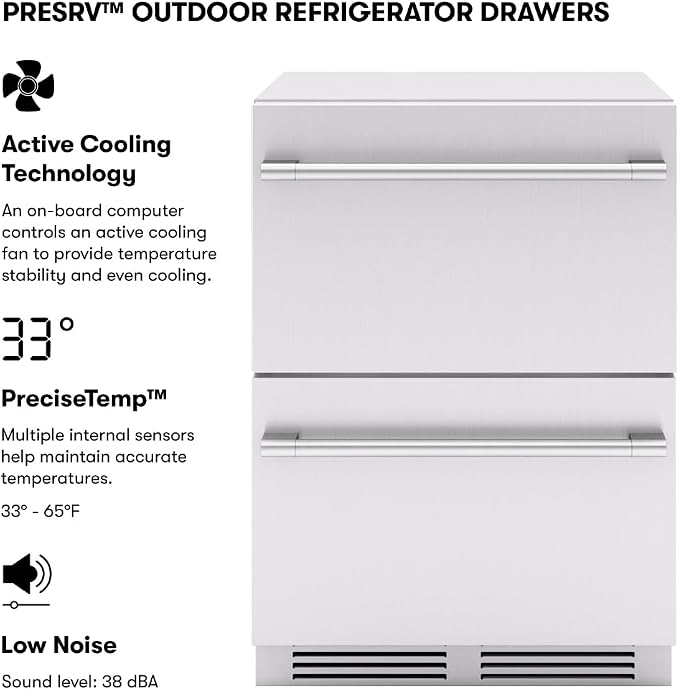 Zephyr Presrv 24 Inch Outdoor Dual Zone Refrigerator Drawers Wine & Beverage Fridge, Stainless Steel Wine Cooler Home Bar Under Counter Freestanding Built in, Energy Star Certified, 5.1 Cu. Ft