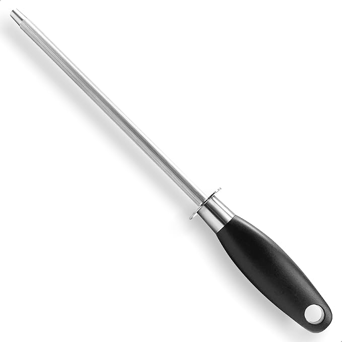 Kitchen Knife Sharpener Rod, Fast Sharpening Professional Blade Sharpener Carbon Steel, Chrome Plated Honing Rod With Hanging Hole, Black 8 Inch