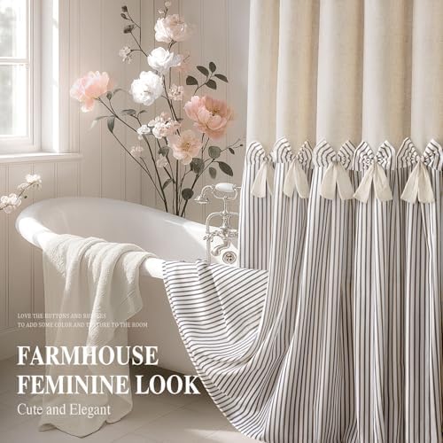 Farmhouse Shower Curtain Linen Bow Pleated Brown Stripe 72"W x 72"L