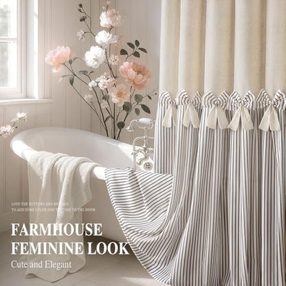 Farmhouse Shower Curtain Linen Bow Pleated Brown Stripe 72"W x 72"L