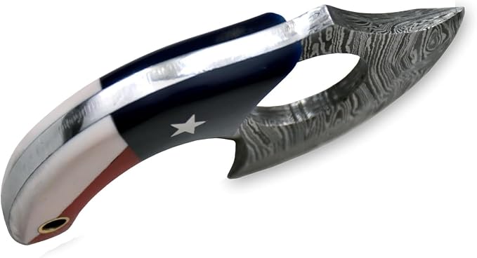 Custom Damascus Steel Ulu Knife Traditional Alaskan Ulu Multi-Purpose Pizza Cutter,Vegetable Chopping, Boning Slicing Cutting Texas Flag Resin Handle Leather Sheath (SUB-02)