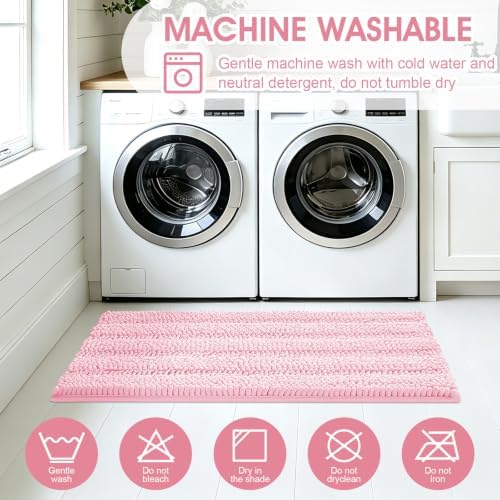 ACCUMTEK Christmas Striped Pink Bathroom Rug Mat Set 2 piece 32"x20"+24"x17" Ultra Soft, Non Slip Chenille Bath Rugs, Absorbent Plush Shaggy Bath Mats for Bathroom, Bedroom, Kitchen, Shower, Tub