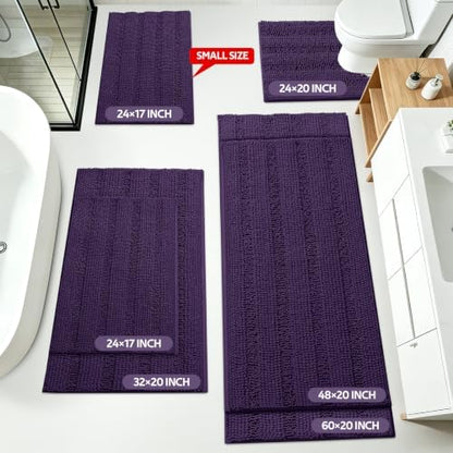 ACCUMTEK Striped Eggplant Purple Bathroom Rug Mat Set 2 piece 32"x20"+24"x17" Ultra Soft, Non Slip Chenille Bath Rugs, Absorbent Plush Shaggy Bath Mats for Bathroom, Bedroom, Kitchen, Shower, Tub