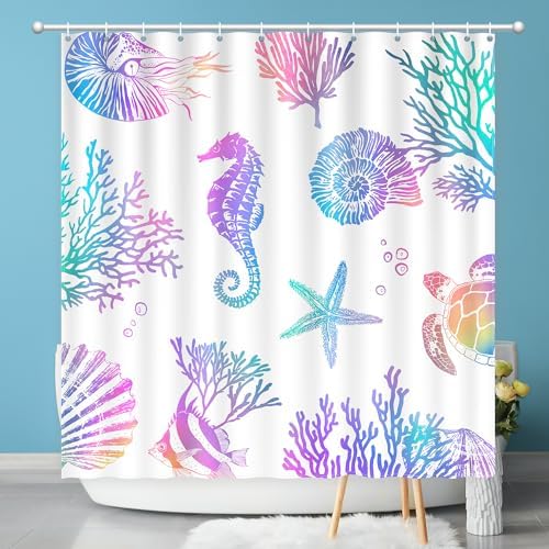 Nautical Coastal Shower Curtain, Beach Shower Curtains Sea Horse Coral Turtle Starfish Seashell Conch Ocean Themed Kids ShowerCurtain Set Polyester Fabric Machine Washable Decor Bath curtains