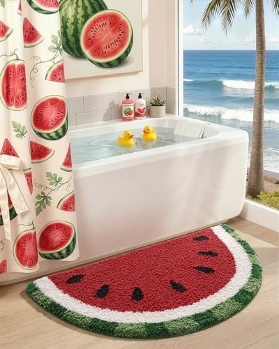 DEXI Cute Watermelon Bath Mat, Half Round Fruit Bathroom Rugs 36x20
