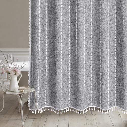 Boho Tassel Linen Shower Curtain,3D Embroidery Stripe Charcoal Grey,72x84