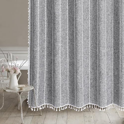 Boho Tassel Linen Shower Curtain,3D Embroidery Stripe Charcoal Grey,72x78