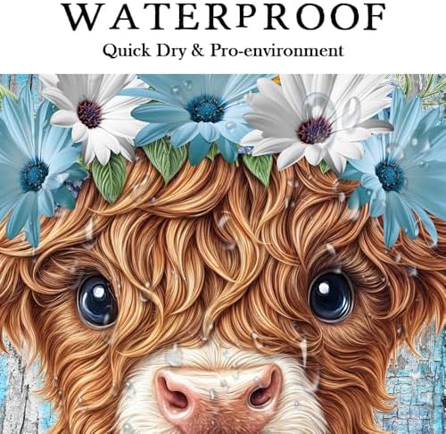 Rustic Farmhouse Shower Curtain, Farm Teal Daisy Floral Flowers and Butterfly on Country Wooden Shower Curtain for Bathroom, Country Blue Daisy Cute Highland Cow Curtain with 12PCS Hooks 54X72in