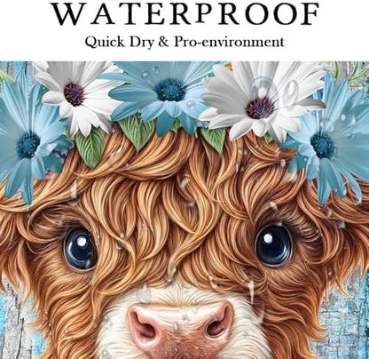 Rustic Farmhouse Shower Curtain, Farm Teal Daisy Floral Flowers and Butterfly on Country Wooden Shower Curtain for Bathroom, Country Blue Daisy Cute Highland Cow Curtain with 12PCS Hooks 70X75in