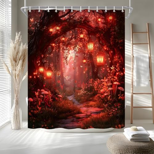 Fantasy Forest Path Shower Curtain Red Fairy Magical Enchanted Misty Jungle Mushroom Floral Tree Butterfly Lantern Wonderland Bath Curtain Fabric Bathroom Accessories Decor with Hooks 70W x70L