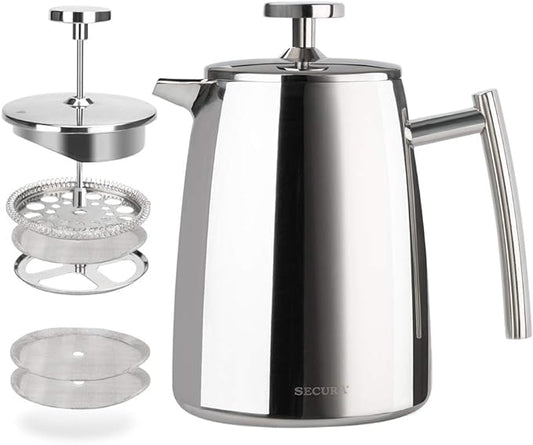 Secura French Press Coffee Maker, 17-Ounce, 304 Stainless Steel Insulated Coffee Press with Extra Screen