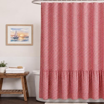 HunnmingRe Ruffle Hem Gingham Shower Curtain Red