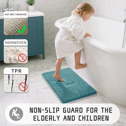 Yimobra Washable Bathroom Rugs, Super Soft & Absorbent Chenille Bath Mat for Floor & Carpet, Quick Dry Non Slip Bath Mat for Tub Shower, 24" x 17",Teal Blue