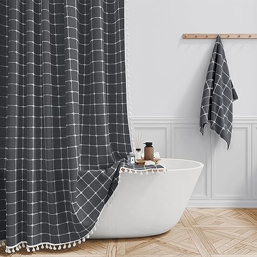 BTTN 60x72 Boho Linen Heavy Duty Fabric Shower Curtain Set, Charcoal Gray